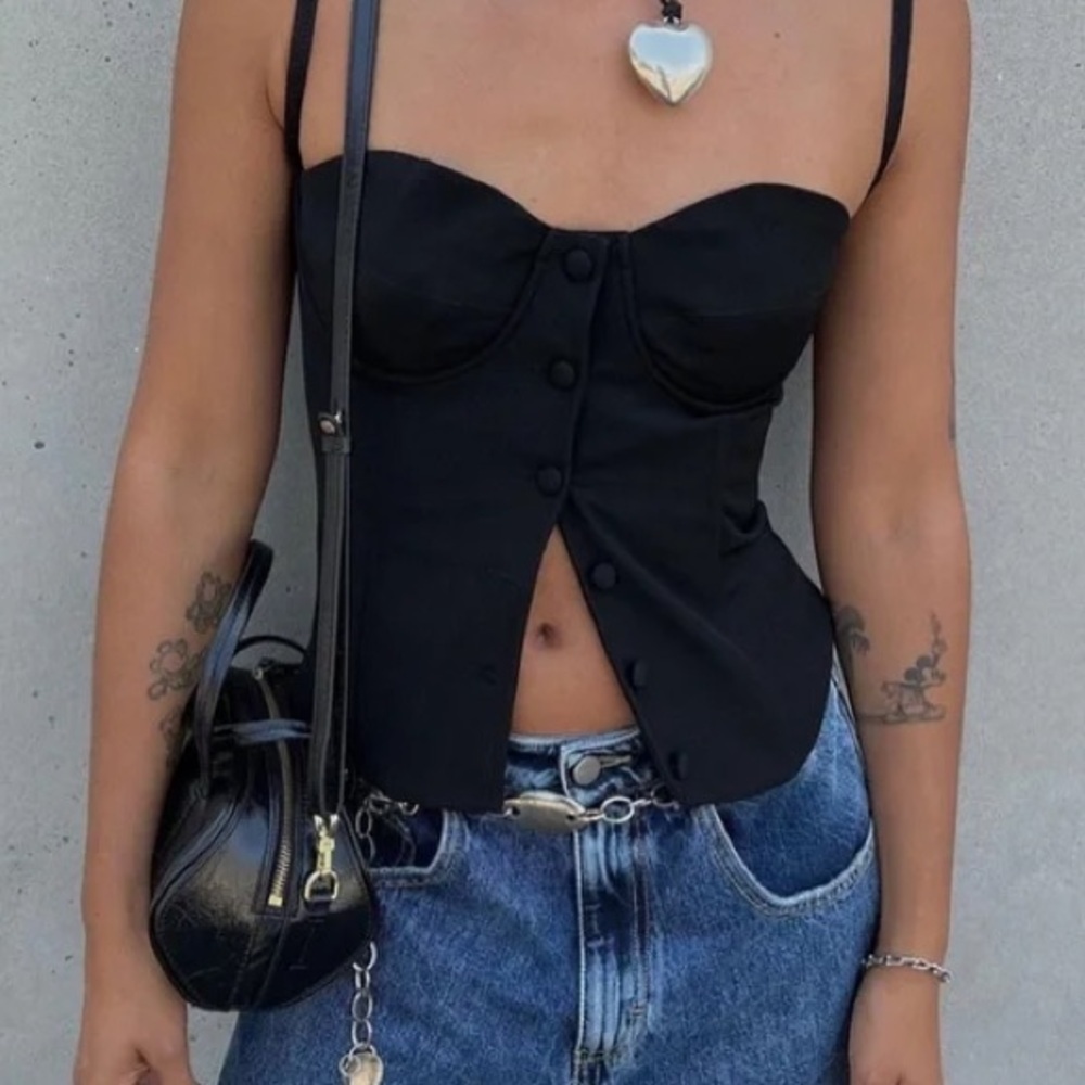 Rumored Black Button-Up Corset Top Cami Y2K Whimsigoth